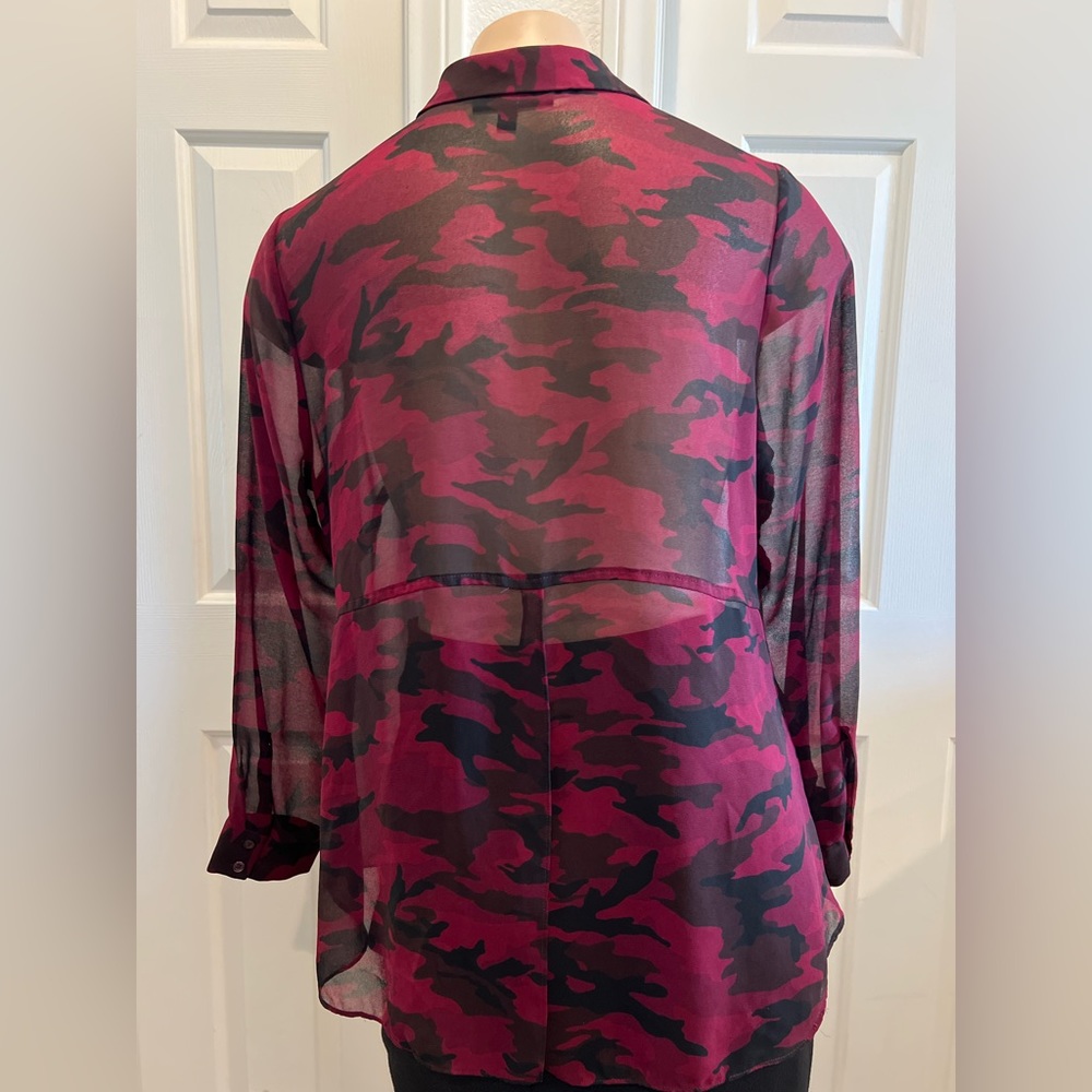 ***S O L D*** Sheer Burgundy & Black Animal Print Button Down Blouse. - Picture 4 of 7